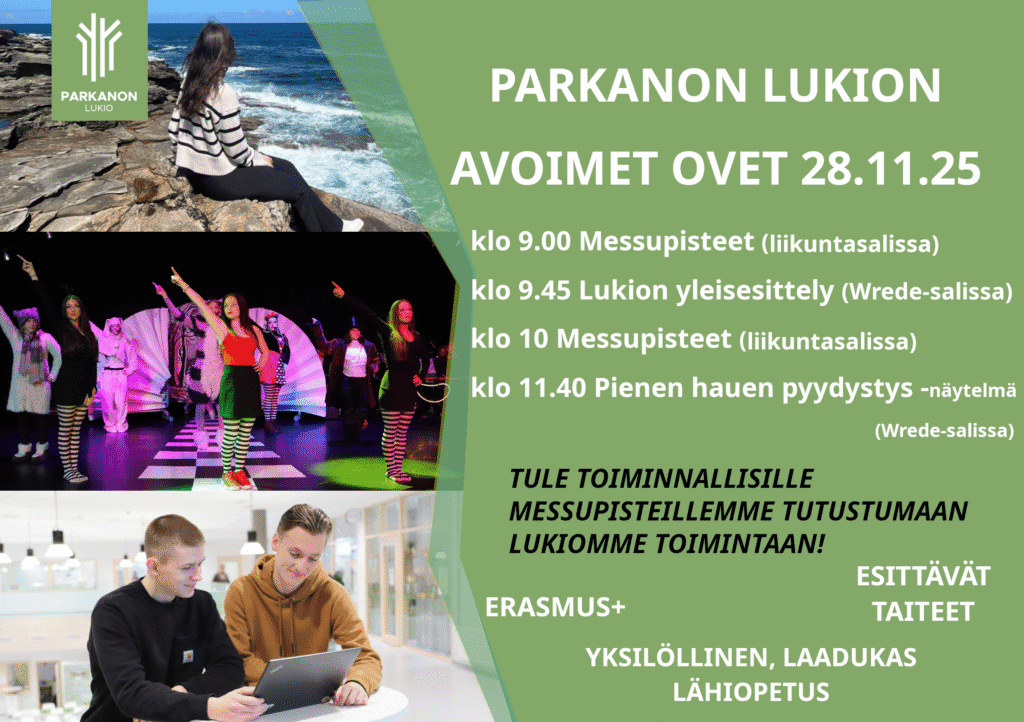 Mainos Parkanon lukion avointen ovien aikataulusta.